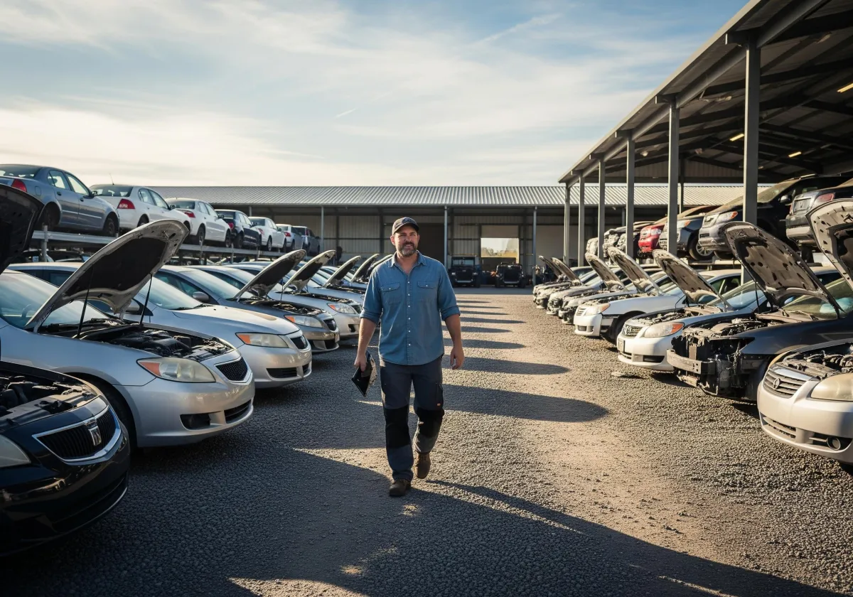 Auto salvage yard operator using laptop with yard management software in organized salvage yard.