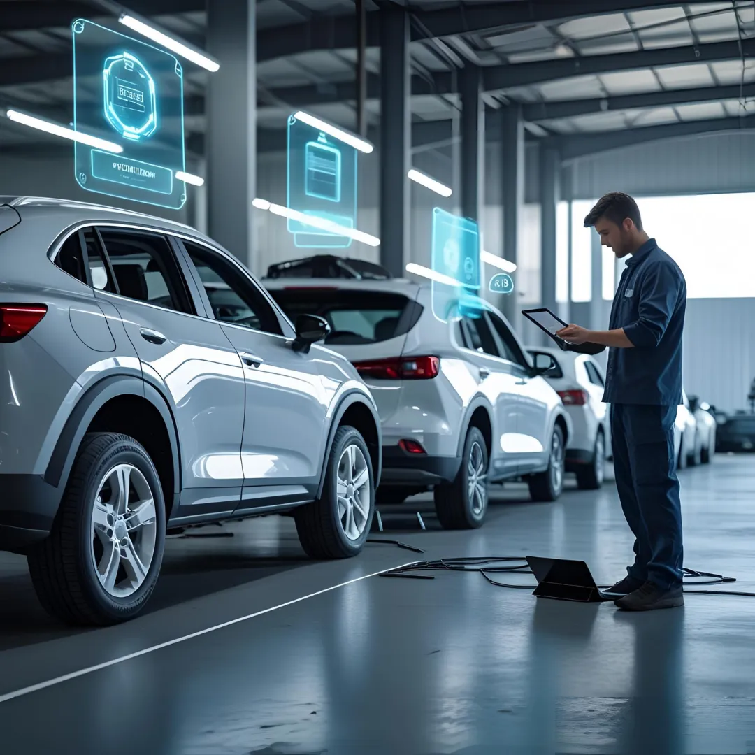 tmpge46_c6h A modern auto salvage yard with rows of vehicles and a technician using a tablet, featuring subtle digital overlays suggesting inventory management and technological upgrades.