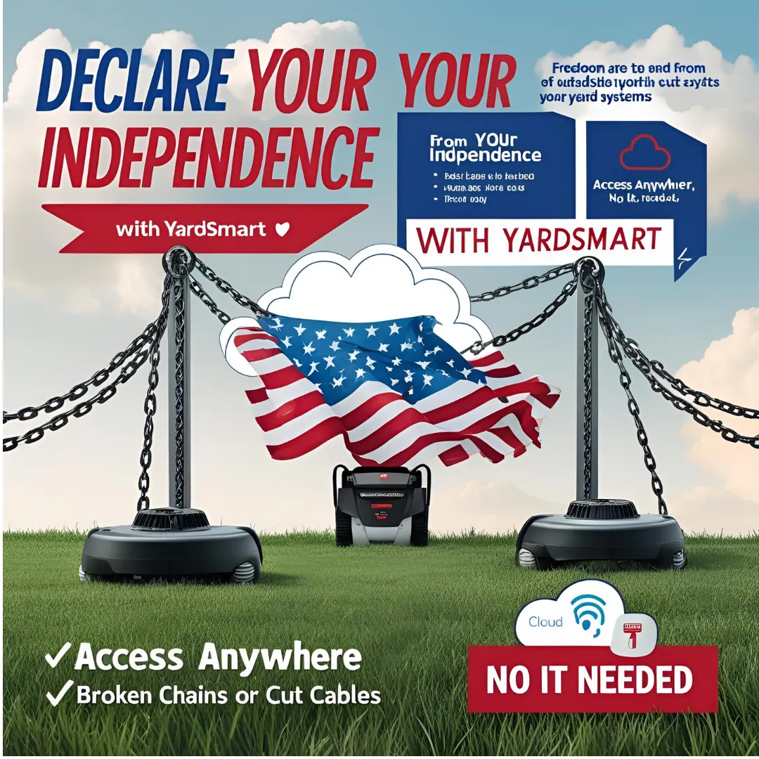 tmpq97ne7hp Patriotic poster featuring broken chains and cloud technology symbols, with bold text saying 'Declare Your Independence with YardSmart.' Highlights include benefits like 'Access Anywhere' and 'No IT Needed,' all set against a red, white, and blue Independence Day theme.